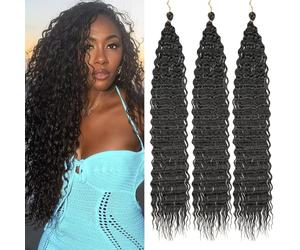 Samtress Ocean Wave Crochet Hair 24 Inch Curly Braiding Hair 3 Packs Deep Wave Crochet Hair Natural Black Wet and Wavy Braiding Hair For Boho Braids Hair Extensions (#1B)