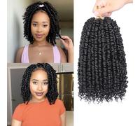Samtress Pre-twisted Passion Twist Crochet Hair 8 Inch Prelooped Passion Twist Hair 8 Packs Short Water Wave Crochet Braids Black Curly Bohemian Synthetic Braiding Hair Extensions for Women (#1B)