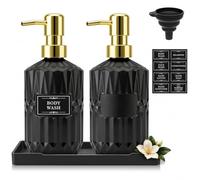Samulee Lot de 2 Distributeur Savon Verre, 450ml Distributeur de Savon Noir | Distributeur Savon Liquide Rechargeable avec Palette, Entonnoir, étiquettes, pour Salle de Bains, Cuisine, Buanderie