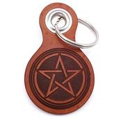 Samunshi® Porte-clés en cuir avec gravure avec différents motifs - Cadeau fabriqué en Allemagne - 38 couleurs - 8 x 4,8 cm, Marron cognac/gravé, Pentagramm 8x4,8cm