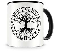Samunshi® Yggdrasil Tasse à café Tasse à thé avec runes A Vikings Peuples germaniques - Noir - 300 ml