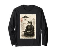 Samurai Cat Alien UFO Funny Invasion Meme Sumi-e Japonais Manche Longue