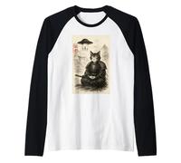 Samurai Cat Alien UFO Funny Invasion Meme Sumi-e Japonais Manche Raglan