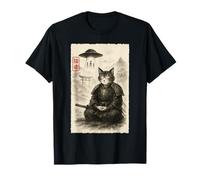 Samurai Cat Alien UFO Funny Invasion Meme Sumi-e Japonais T-Shirt