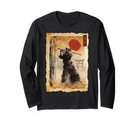Samurai Cat Anime Japanese Art Funny Graphic Ukiyo-e Art Manche Longue