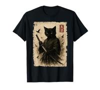 Samurai Cat Graphic Tee Warrior Vintage Japanese Art Anime T-Shirt
