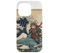 Samurai Cat Riding Shark Great Wave Art Japonais Osaka Coque pour iPhone 13 Pro
