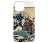 Samurai Cat Riding Shark Great Wave Art Japonais Osaka Coque pour iPhone 14