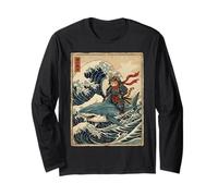 Samurai Cat Riding Shark Great Wave Art Japonais Osaka Manche Longue