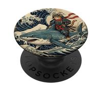 Samurai Cat Riding Shark Great Wave Art Japonais Osaka PopSockets PopGrip Adhésif