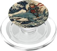 Samurai Cat Riding Shark Great Wave Art Japonais Osaka PopSockets PopGrip pour MagSafe
