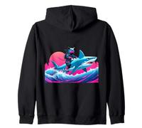 Samurai Cat Riding Shark Kawaii Anime Japonais Cyberpunk Sweat à Capuche