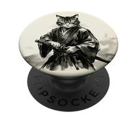 Samurai Cat Warrior Japanese Art Feline Katana PopSockets PopGrip Adhésif