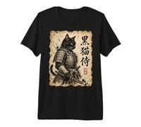 Samurai Cat Warrior Kuroneko Japanese Kanji Art T-Shirt Haut de Gamme
