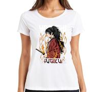 Samurai Katana Anime Flammes Guerrier Queue de cheval Cadeau Femme T-shirt, Blanc., XL
