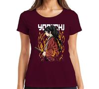 Samurai Katana Anime Flammes Guerrier Queue de cheval Cadeau Femme T-shirt, bordeaux, 3XL