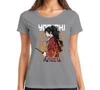 Samurai Katana Anime Flammes Guerrier Queue de cheval Cadeau Femme T-shirt, gris, M