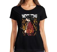 Samurai Katana Anime Flammes Guerrier Queue de cheval Cadeau Femme T-shirt, Noir , L