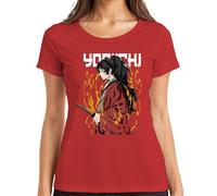 Samurai Katana Anime Flammes Guerrier Queue de cheval Cadeau Femme T-shirt, rouge, S