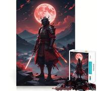 Samurai Moon Red Japan Puzzle 1000 pièces pour Adolescents Améliore la mémoire Détente et Plaisir Bords précis Cadeau élégant (50x75cm)