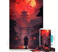 Samurai Moon Red Japan Puzzle 1000 Pièces pour Adultes Jeu de Logique Fine Loisirs Bordure Soignée Objet de Collection (38x52cm)