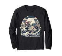 Samurai Ninja Cat vs Dragon Monster Great Wave Art Japonais Manche Longue