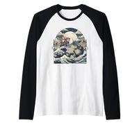 Samurai Ninja Cat vs Dragon Monster Great Wave Art Japonais Manche Raglan