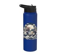 Samurai Ninja Cat vs Dragon Monster Great Wave Art japonais Stainless Steel Insulated Water Bottle