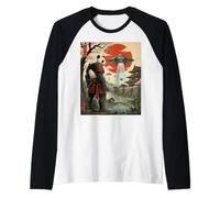 Samurai Panda UFO Alien Invasion Japonais Ukiyo-e Manche Raglan