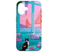 San Francisco Calico Cat GoldenGate Bridge Œuvre d'art rétro Coque pour iPhone 16