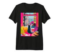 San Francisco Cat Window Vue sur la Ville Art T-Shirt Haut de Gamme
