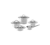 Fissler San Francisco Jeu de Faitouts/Sautoir/Casserole en Acier Inoxydable, 5 Pièces, Faitouts/Sautoir avec Couvercle en Verre, Compatible Induction, Tout Type de Feu (3 Faitouts, 1 Sautoir, 1 Casserole à Queue Sans Couvercle)