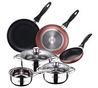 San Ignacio Batterie 5 pièces en acier inoxydable : casserole Ø16 x 7,5 cm, casseroles Ø18 x 8,5 cm et Ø20 x 9,5 cm, induction + lot de 3 poêles Ø16/20/24 cm, aluminium pressé, induction