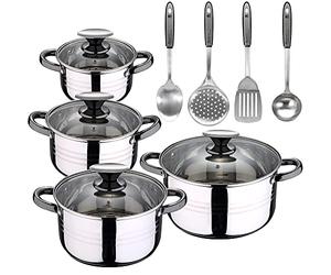 San Ignacio Batterie de cuisine 8 pièces compatible induction Hita en acier inoxydable avec set de 4 ustensiles de cuisine en acier inoxydable PK3221 Noir