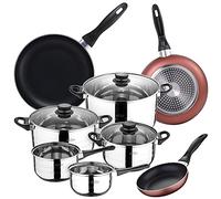 San Ignacio Batterie de cuisine 8 pièces en acier inoxydable + 3 poêles Ø 16/20/24 cm aluminium pressé, convient pour induction