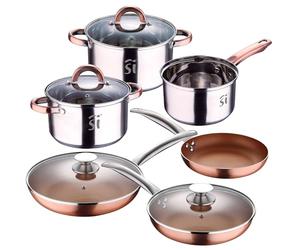 San Ignacio Ensemble de batterie de cuisine "Onil" 5 pièces en acier inoxydable + set de 5 poêles en aluminium pressé