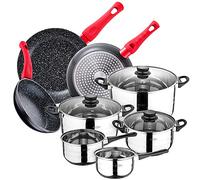 San Ignacio Lot de 3 poêles Ø20/24/28 cm, aluminium forgé + Batterie cuisine 8 pièces : 5 corps et 3 couvercles en verre, acier inoxydable, induction