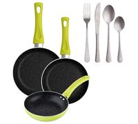 San Ignacio Lot de 3 poêles en aluminium pressé vert (20 + 24 + 28 cm) + 16 couverts en acier inoxydable