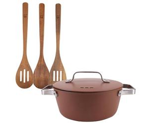 San Ignacio Lot de casseroles Ø28 x 12,5 cm de 6 l avec couvercle en aluminium + 3 ustensiles de cuisine en bois AGROS