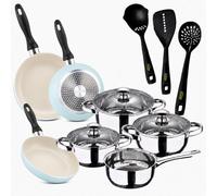 San Ignacio Pack cuisine : batterie de cuisine Phare 7 pièces (acier inoxydable, convient à induction) + 3 poêles + 3 ustensiles de cuisine - Bleu ciel (aluminium) - Ø16/20/24 cm