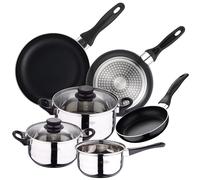 San Ignacio PK669 Batterie de Cuisine Sip 5 Pièces Casserole + Deux Faitouts avec Couvercle de Verre avec Set de 3 Poêles Ø16/20/24 cms., Induction, Acier Inoxydable, Chromé, 44 x 35 x 25 cm