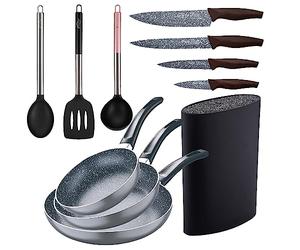 San Ignacio Set 3pc sarten (16+20+24cm) aluminium pressé, induction, noir soul marbre avec ensemble 3pc ustensiles de cuisine nylon avec Set 4pc couteaux acier inoxydable