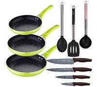 San Ignacio Set 3pc sarten (20+24+28cm) aluminium pressé vert avec Set 3pc ustensiles de cuisine en nylon avec Set 4pc couteaux en acier inoxydable