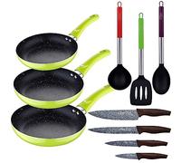 San Ignacio Set 3pc sarten (20+24+28cm) aluminium pressé vert avec Set 3pc ustensiles de cuisine en nylon avec Set 4pc couteaux en acier inoxydable
