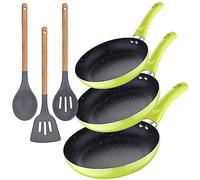 San Ignacio Set 3pc sarten (20+24+28cm) aluminium pressé vert avec Set 3pc ustensiles de cuisine silicone bois
