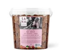 SANA Premium Dog Foods I Burgers séchés à l'air 100 % naturels dans un seau de 1 kg I Différentes variétés (seau de 1 kg, burger de bœuf avec framboise et épinards)