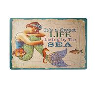SaNavie Sweet Life by The Sea Beach House Cabin Vacation Mermaid Plaque en étain Décoration murale vintage 20,3 x 30,5 cm