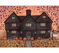 SaNavie The Witch House Halloween Witch Art Feuilles d'automne Citrouille Décoration murale en métal Plaque murale 20,3 x 30,5 cm