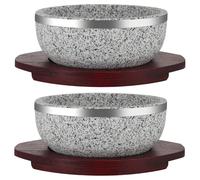Sanbege Dolsot Lot de 2 bols en pierre de granit avec base en bois pour cuisiner et servir du bibimbap coréen, de la soupe, du riz, du ramen, du ragoût