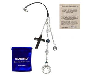 SANCTRA Breloque chrétienne pour rétroviseur de voiture, faite à la main et bénie en Terre Sainte, attrape-soleil pour la foi et la protection avec pochette cadeau et certificat, décoration de voiture
